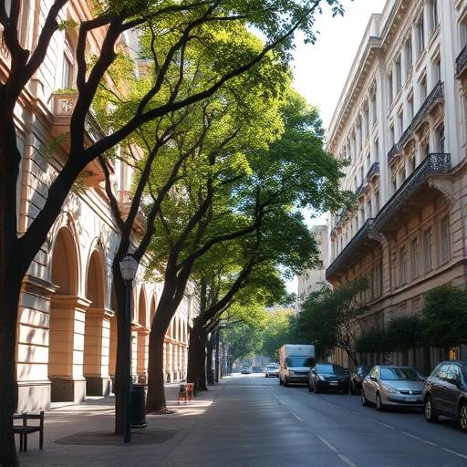 Calle arbolada y elegante en el barrio de Recoleta en Buenos Aires, con edificios de arquitectura europea.