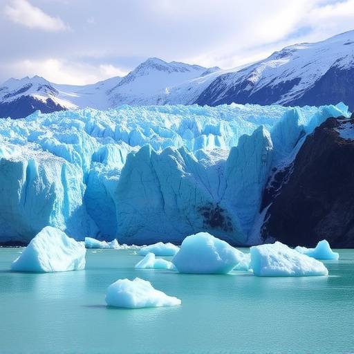 Impresionante glaciar Perito Moreno en El Calafate, Patagonia, con bloques de hielo desprendi&eacute;ndose y cayendo al agua.