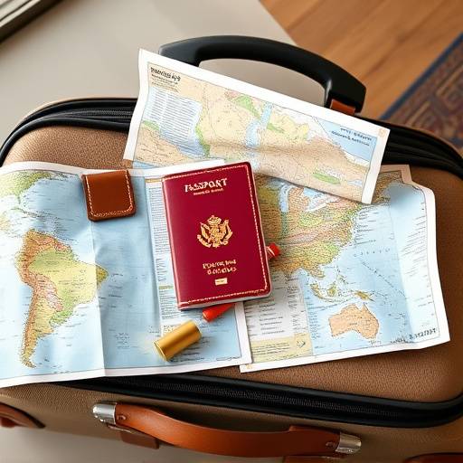 Maleta de viaje lista con pasaporte y mapa desplegado