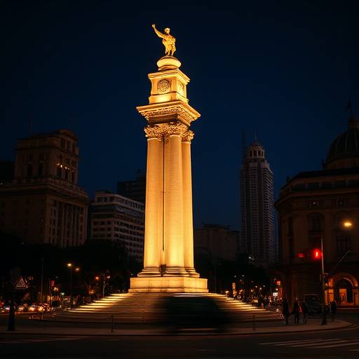 Obelisco de Buenos Aires iluminado por la noche, rodeado de edificios hist&radic;&ge;ricos
